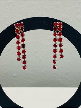 Red Crystal Tiered Fringe Statement Earrings Silver Tone Long Waterfall Drop